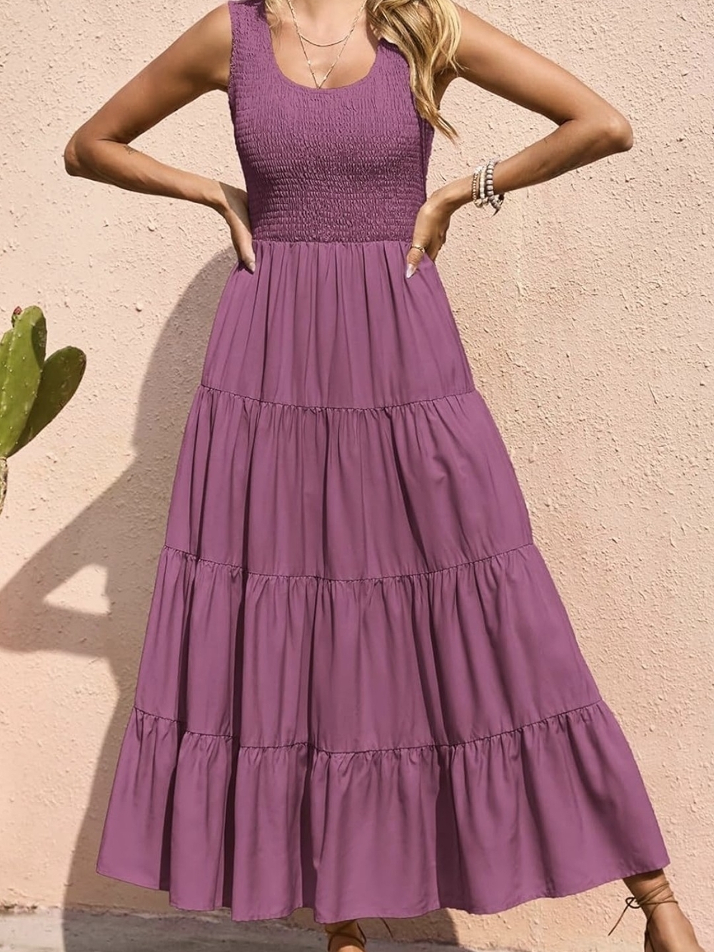 Casual Plain Maxi Sundress Smocked Tank Dress Sleeveless Summer Beach Tiered